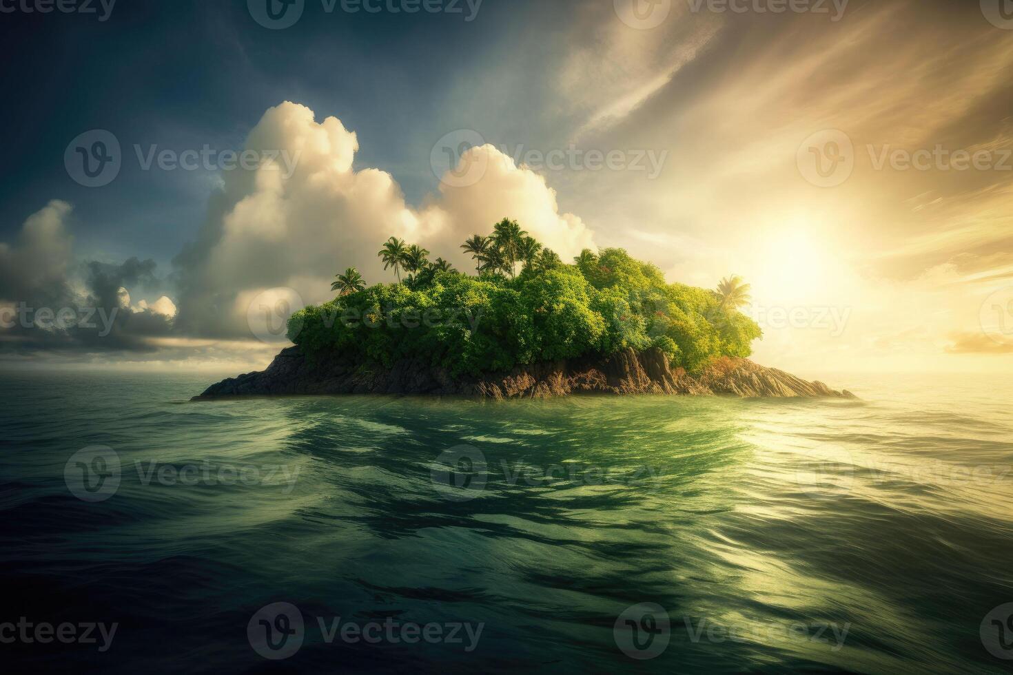 A tropical island in the middle of the ocean. Green palm trees and beach on the island. photo