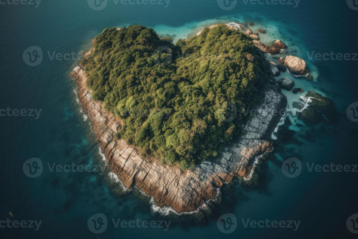 A tropical island in the middle of the ocean in the shape of heart. A place to relax. photo