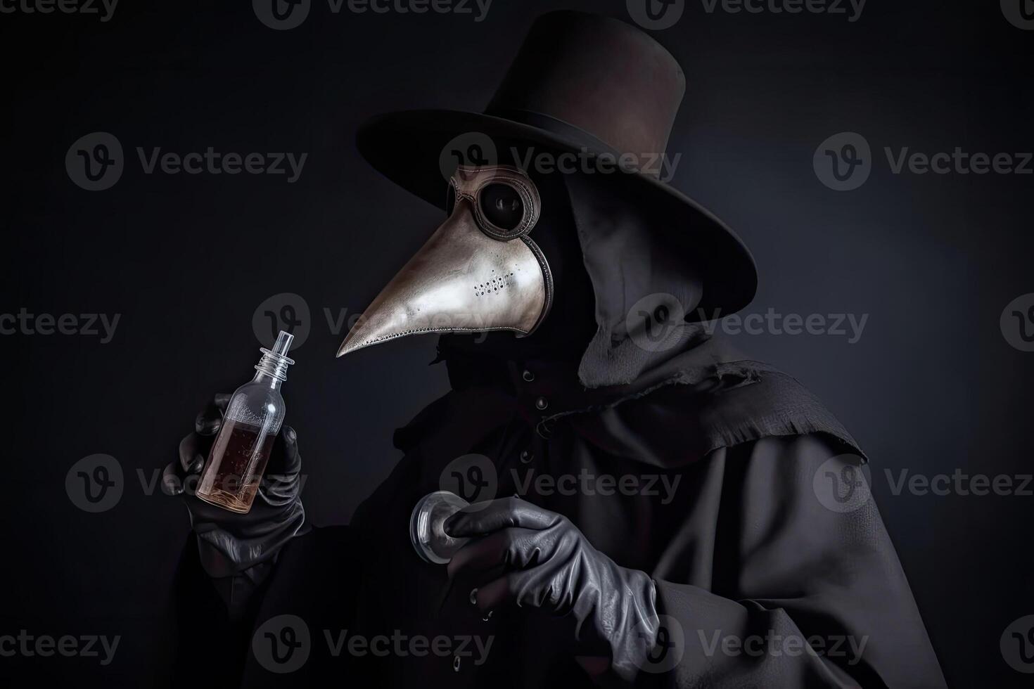 The plague doctor holds a medicine in his hand. photo