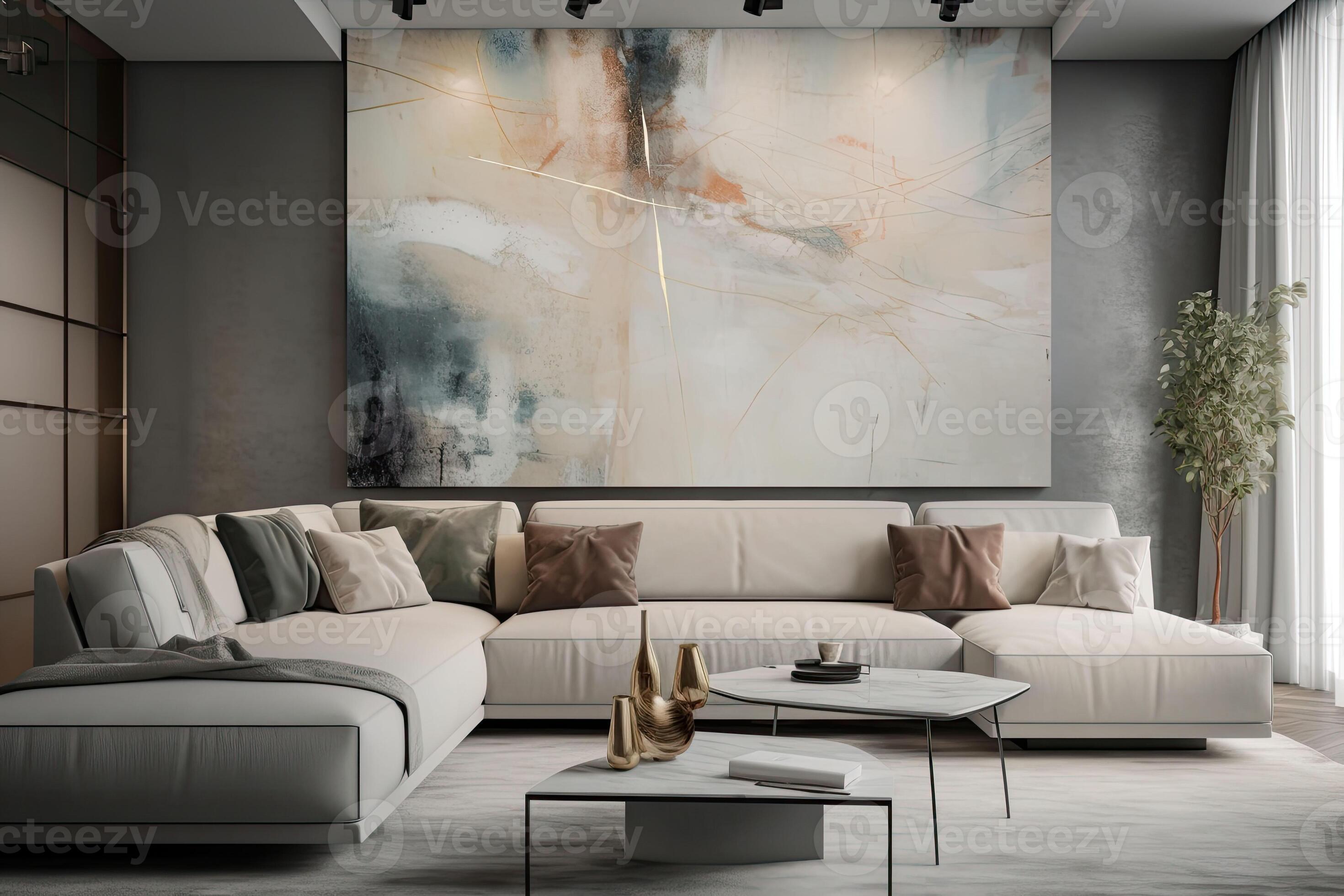 A comfortable sofa with a large abstract painting on the wall behind it