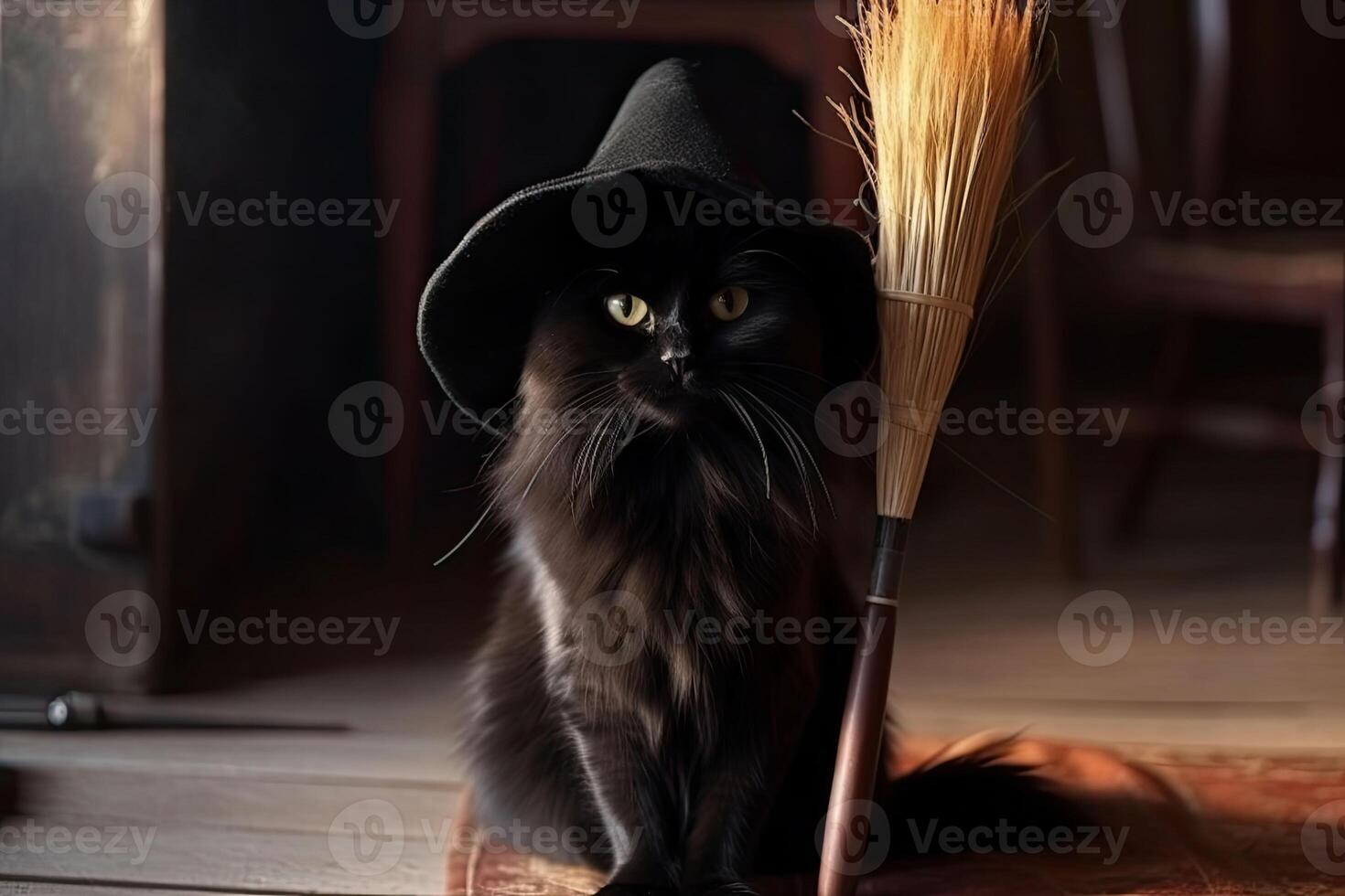 Magic black cat in hat is sitting next to magical broom. photo