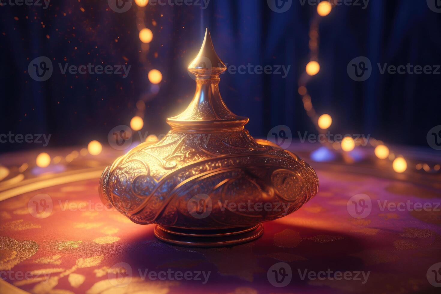 Ancient arabic lamp. Oil lamp in oriental style with floral texture. photo