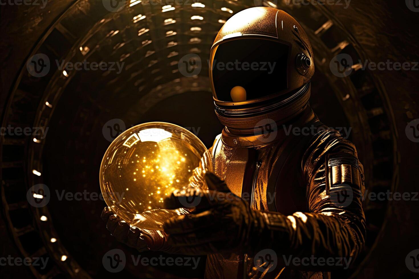 An astronaut holds a glowing ball in his hands. Mysterious background. photo