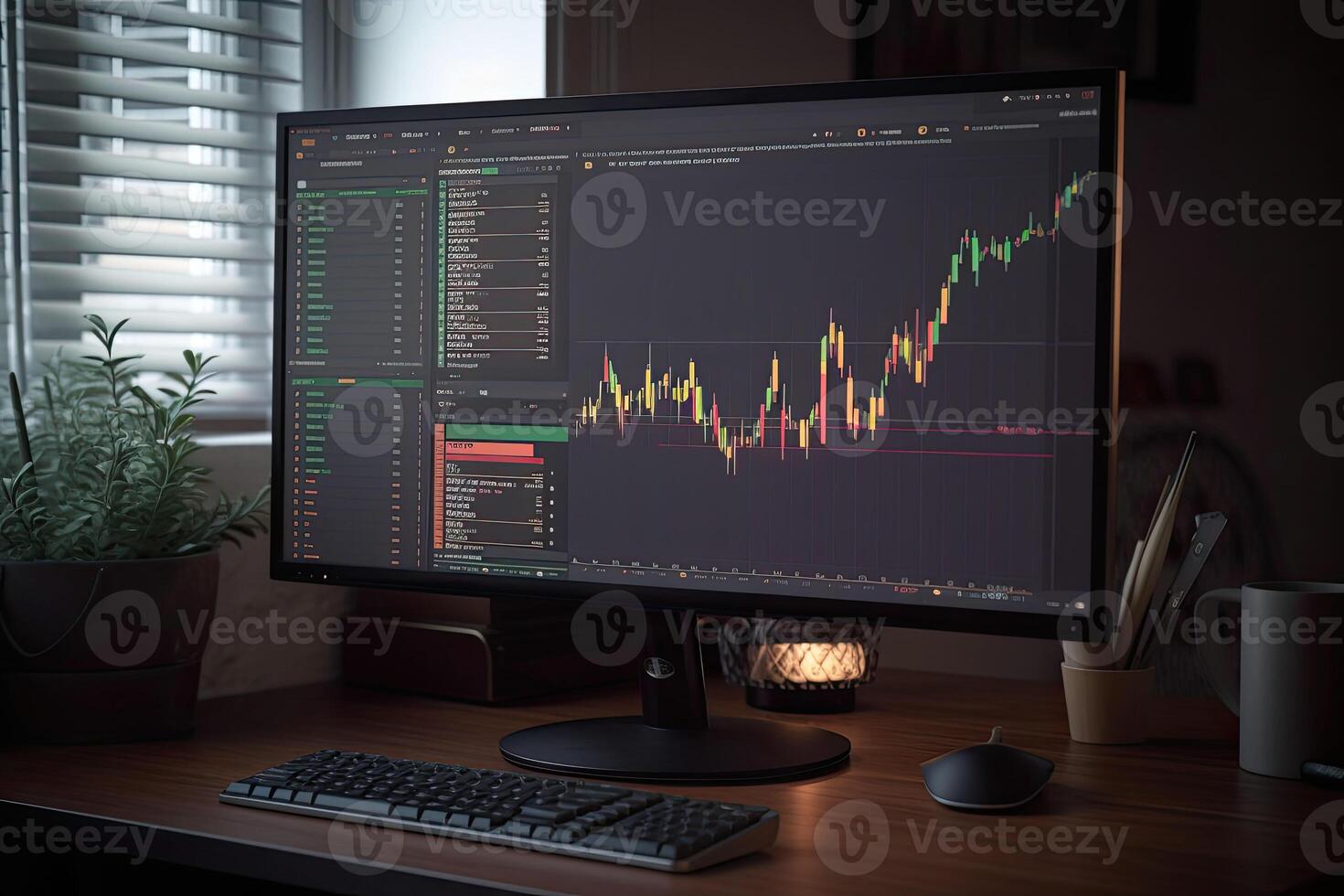 Computer monitor with crypto charts on the desk, selective focus. photo