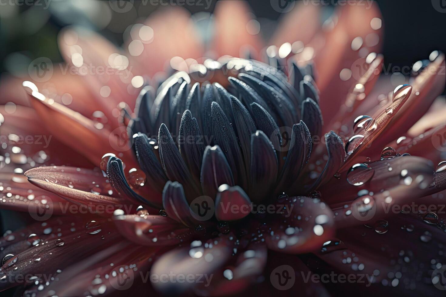 Flowers on the alien planet with water drops. Dreamy fantasy botanical background. photo