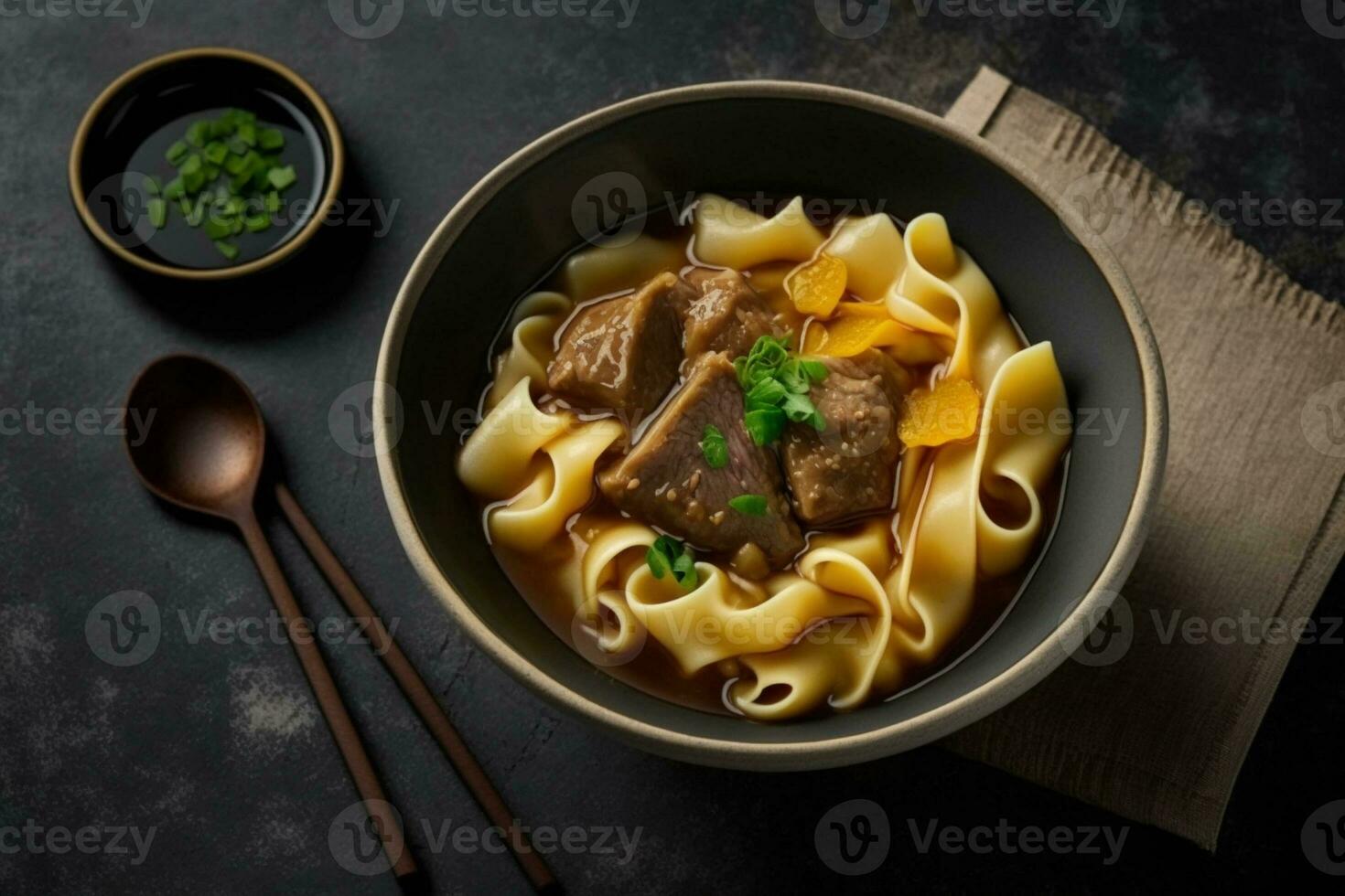 Spicy red soup beef noodle in a bowl on wooden table photo