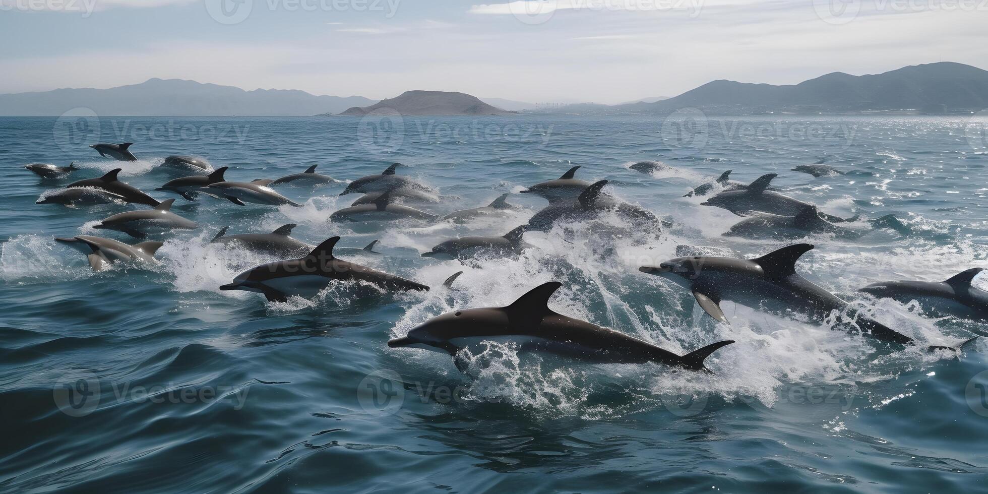 común delfines trabajo juntos como un equipo a emigrar , salvaje costa. ai generado foto