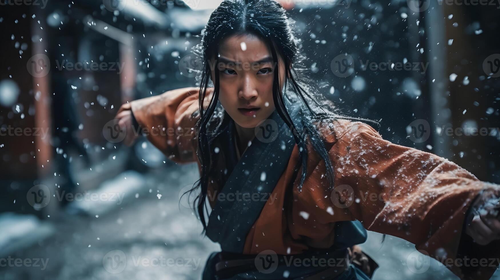 chinese samurai girl in snowy weather, photo