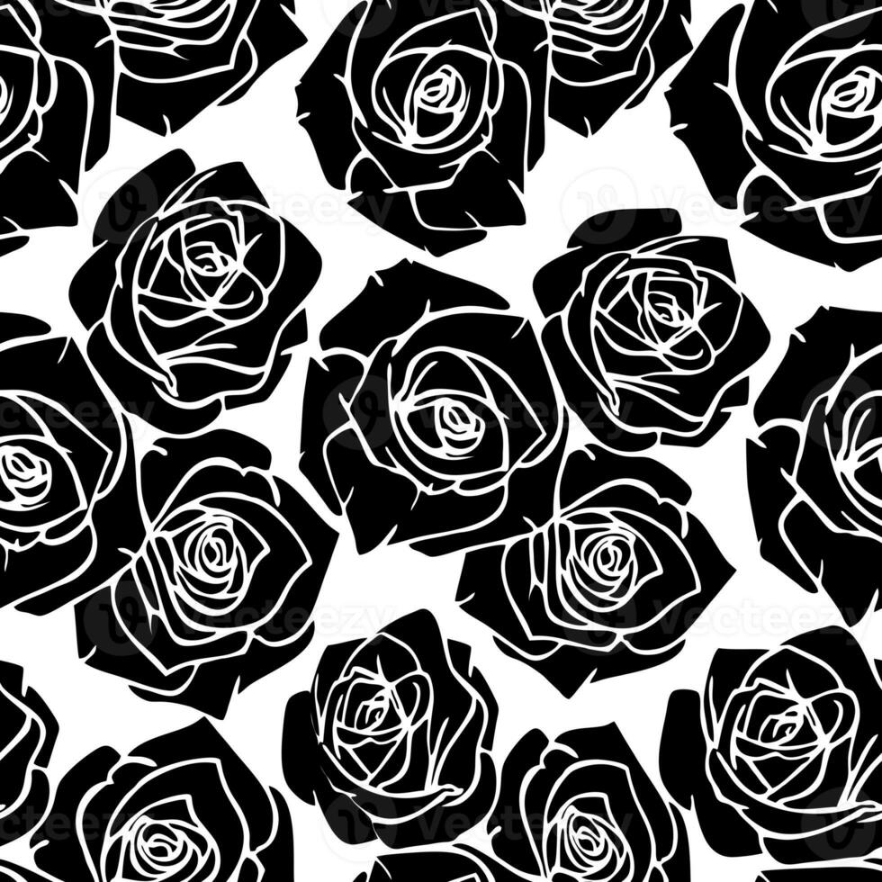 seamless graphic pattern of black silhouettes of roses on a white background, texture, design photo