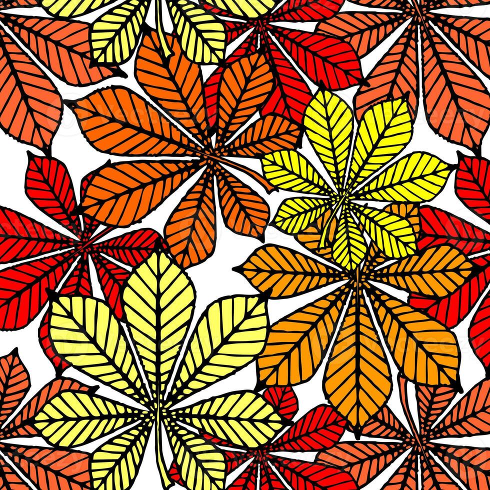 bright autumn seamless pattern of chestnut yellow and red leaves on a white background, texture, design photo