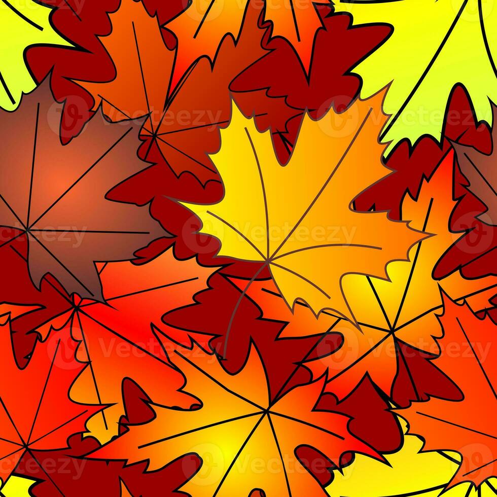 bright autumn seamless pattern of maple yellow and red leaves on a burgundy background, texture, design photo
