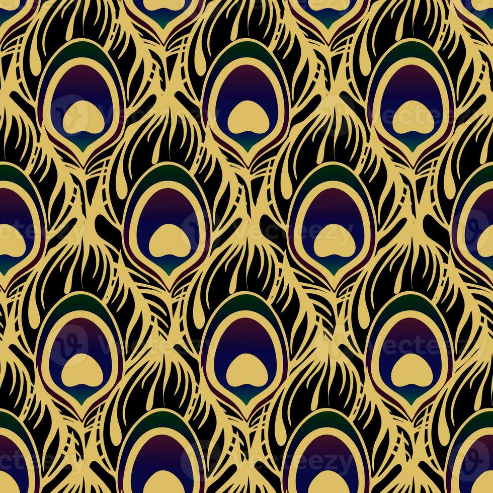 seamless pattern black purple peacock feather with thick golden outline, texture, design photo