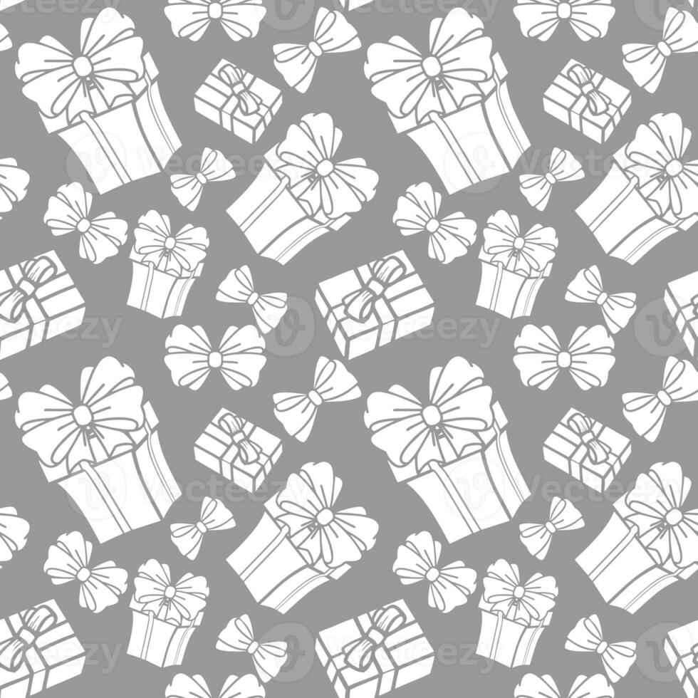 seamless asymmetric pattern of white gift boxes on a gray background, texture, background photo