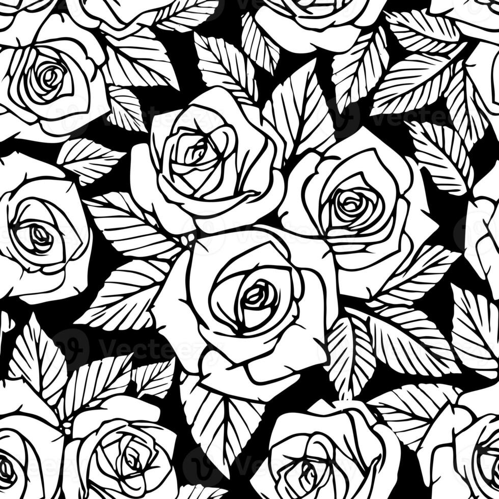 seamless white asymmetric pattern of rose contours on a black background, texture, design photo