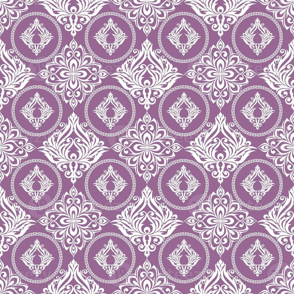 seamless graphic pattern, tile with abstract geometric white ornament on purple background, texture, design photo
