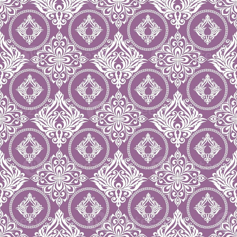 seamless graphic pattern, tile with abstract geometric white ornament on purple background, texture, design photo