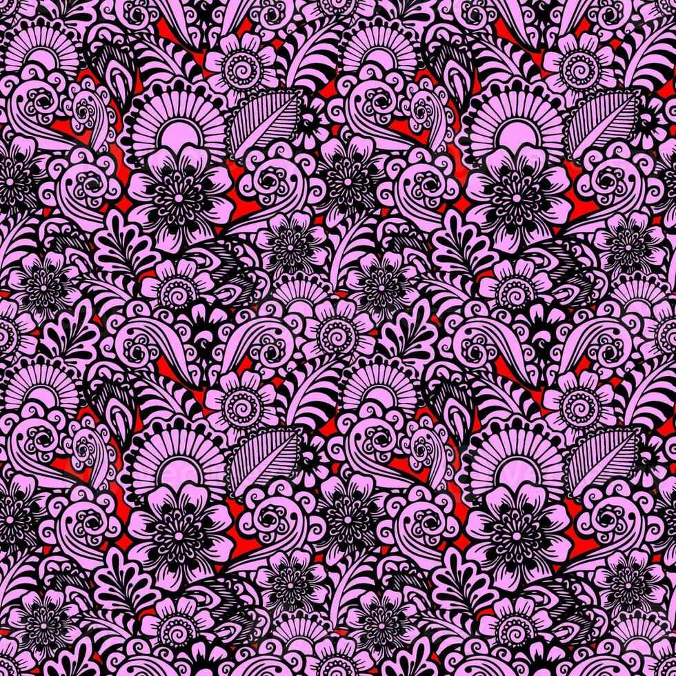 seamless oriental pattern of pink flowers with black outline on a red background, texture, design photo