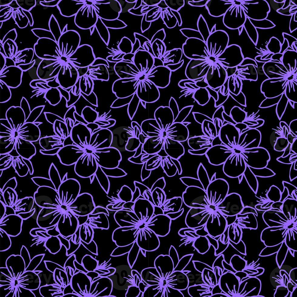 seamless pattern of blue contours of flowers on a black background, texture, design photo