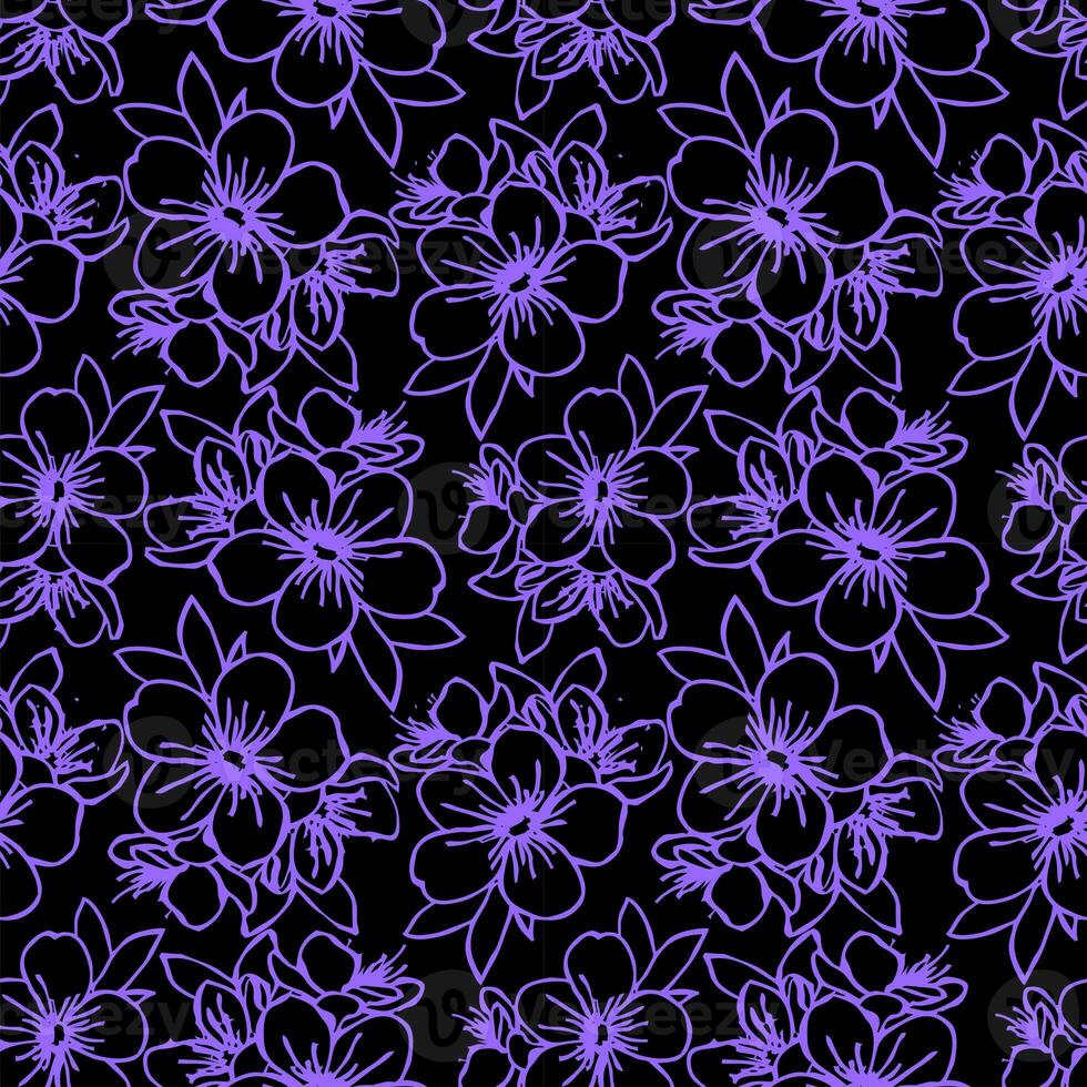 seamless pattern of blue contours of flowers on a black background, texture, design photo