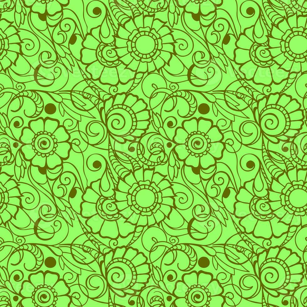 seamless pattern of olive contours of flowers on a light green background, texture, design photo