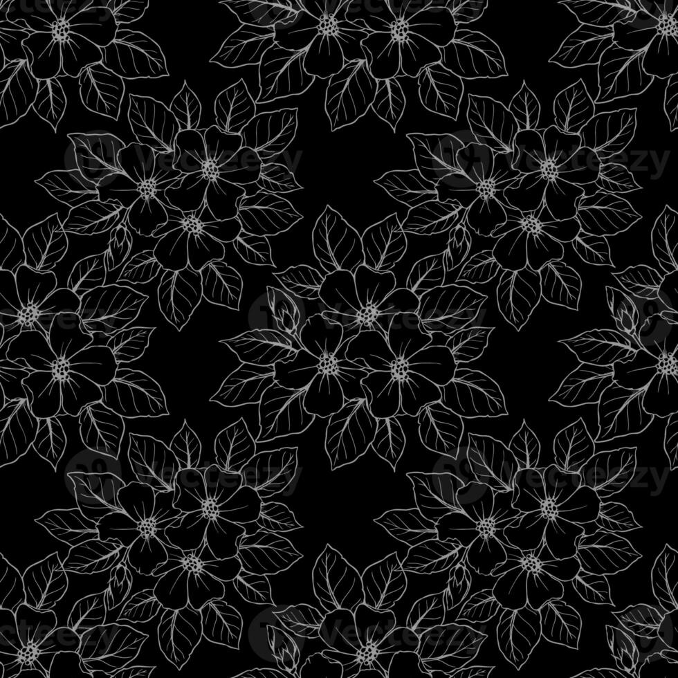 seamless contour pattern of large gray flowers on a black background, texture, design photo