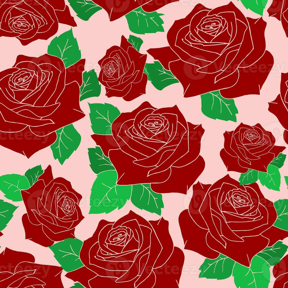 seamless pattern of large red rose flowers with leaves on a pink background, texture, design photo