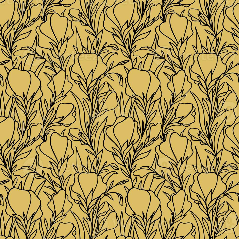 simple two-color seamless pattern of black large contours of flowers on a gold background, texture, design photo