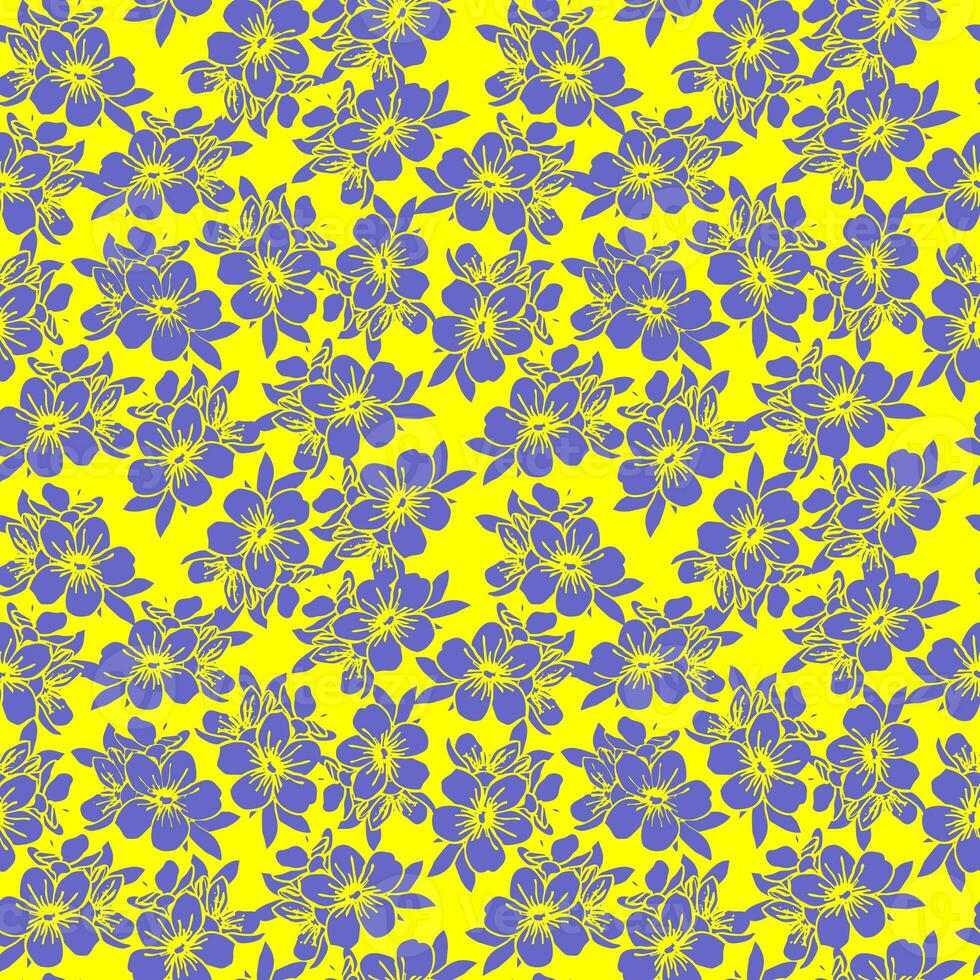 seamless pattern of blue silhouettes of flowers on a yellow background, texture, design photo