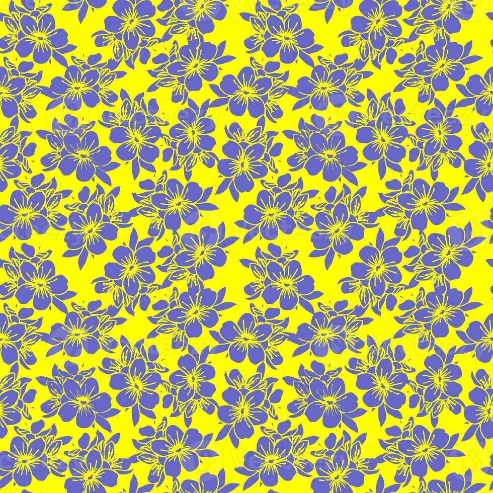 patrón impecable de siluetas azules de flores sobre un fondo amarillo, textura, diseño foto