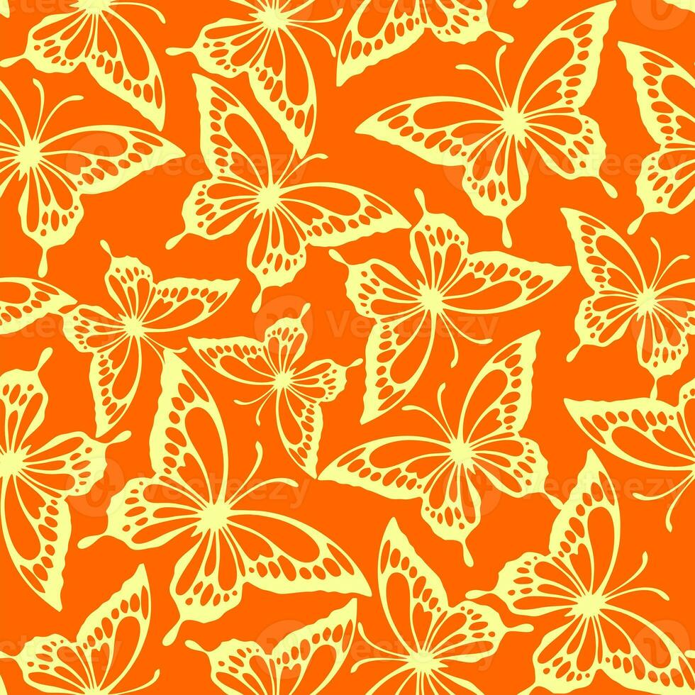 seamless pattern of yellow contours of butterflies on an orange background, texture, design photo