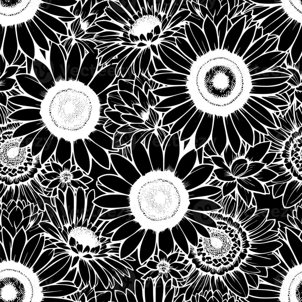 sin costura negro y blanco floral modelo en negro fondo, textura, diseño foto