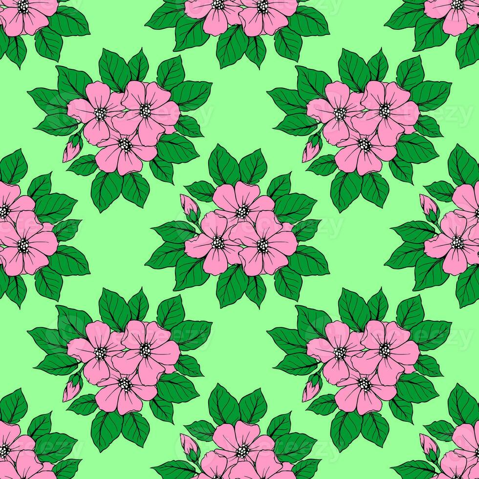 seamless pattern of large pink flowers on a green background, texture, design photo