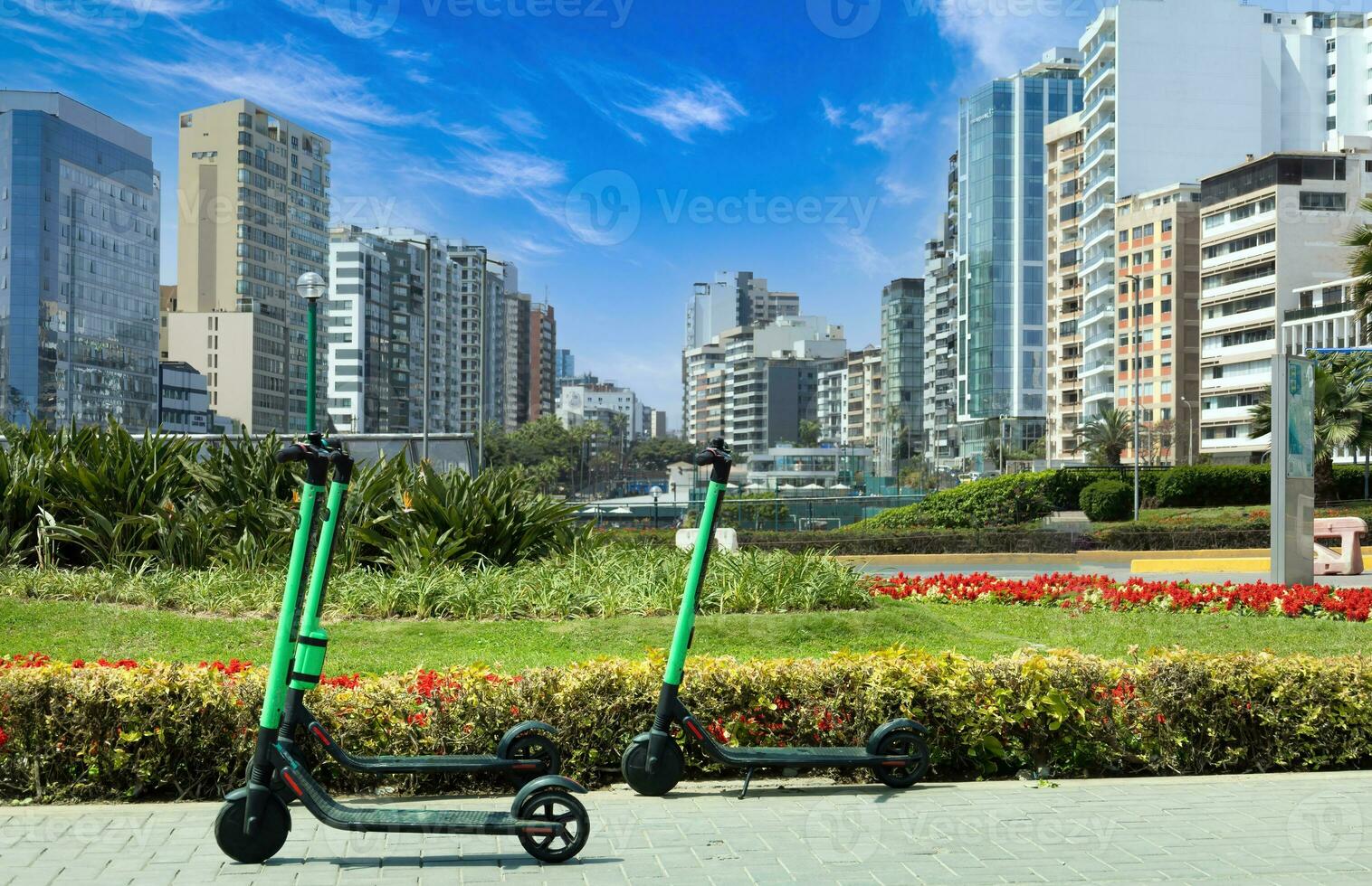 Lima ride sharing ecological dockless bikes in Miraflores Malecon in Peru photo