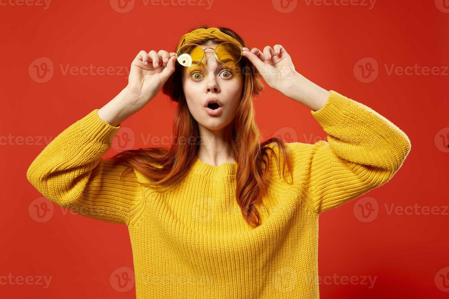 cheerful woman with yellow headband glasses fashion decoration studio photo
