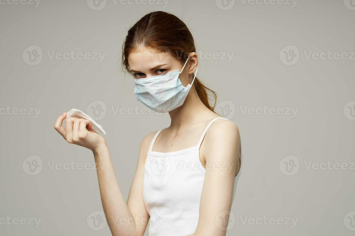 red-haired woman flu infection virus health problems light background photo