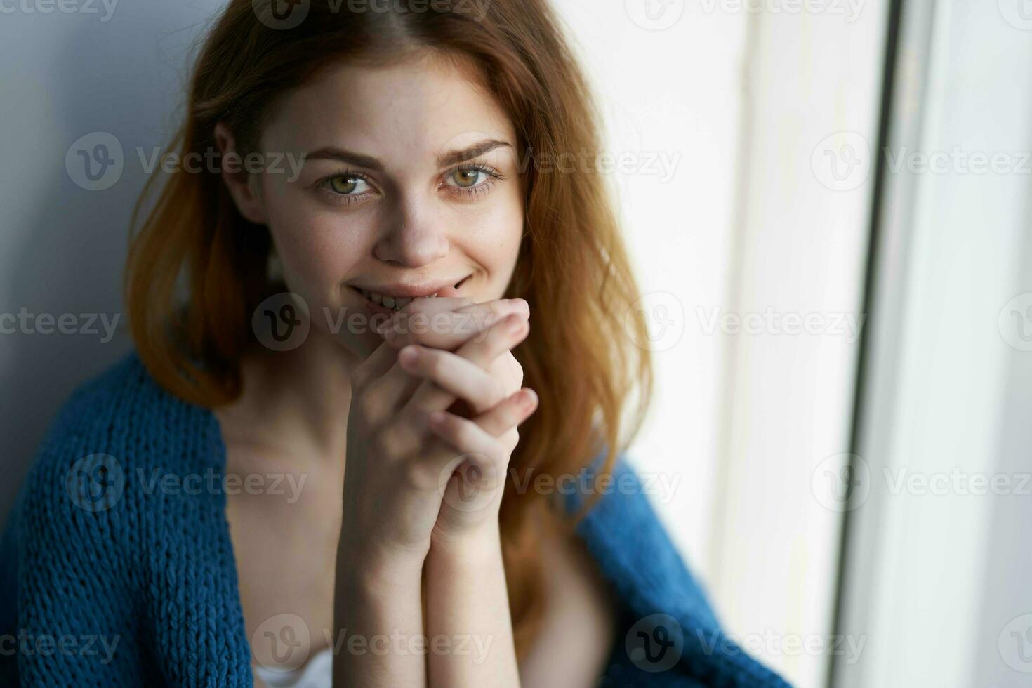 pretty woman attractive look with a blue plaid rest Lifestyle photo