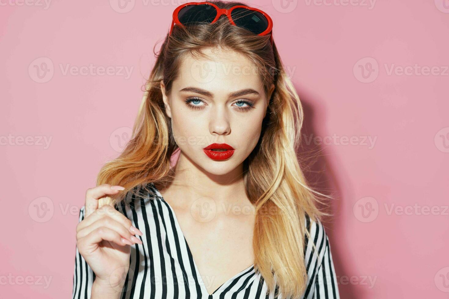 attractive woman striped shirt luxury self confidence model photo