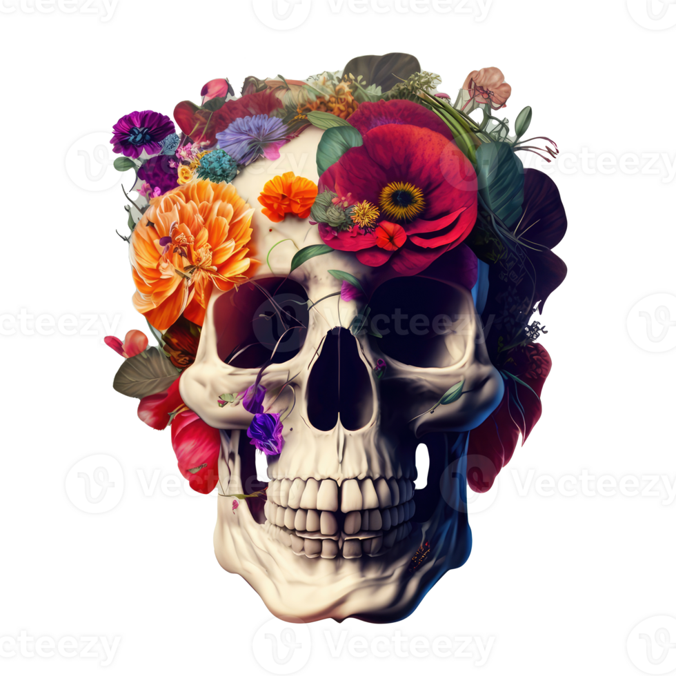 skull made of colorful vibrant flowers. png