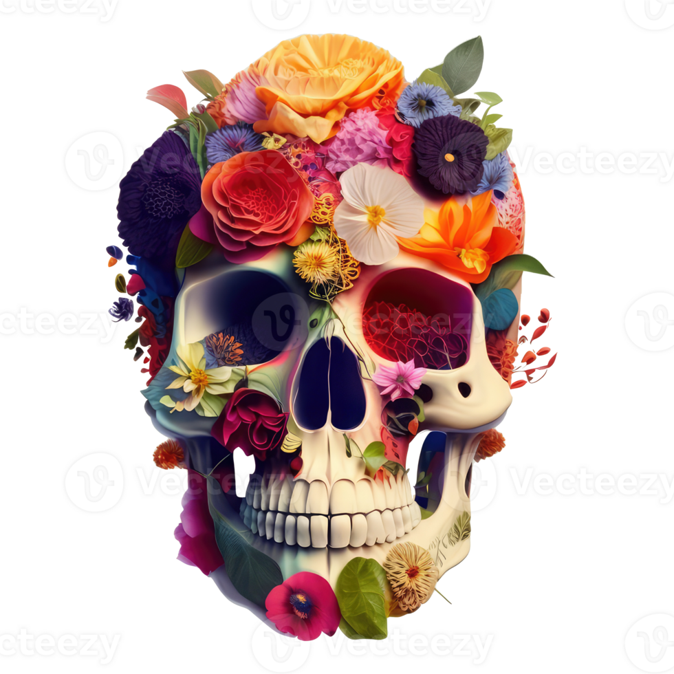 skull made of colorful vibrant flowers. png