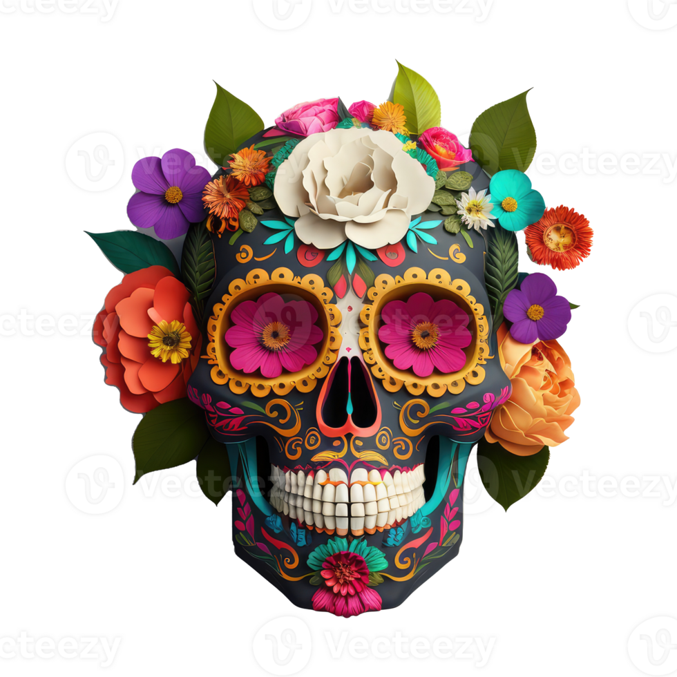 skull made of colorful vibrant flowers. png