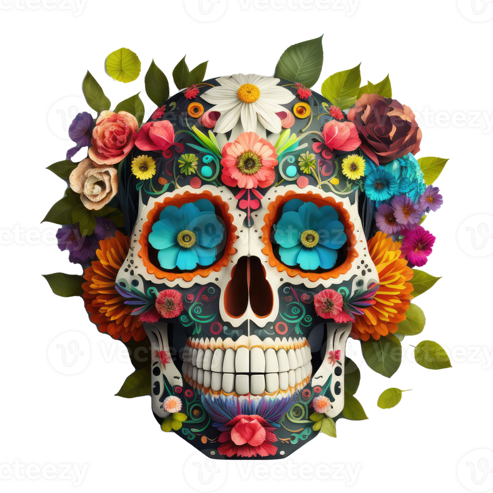 skull made of colorful vibrant flowers. png