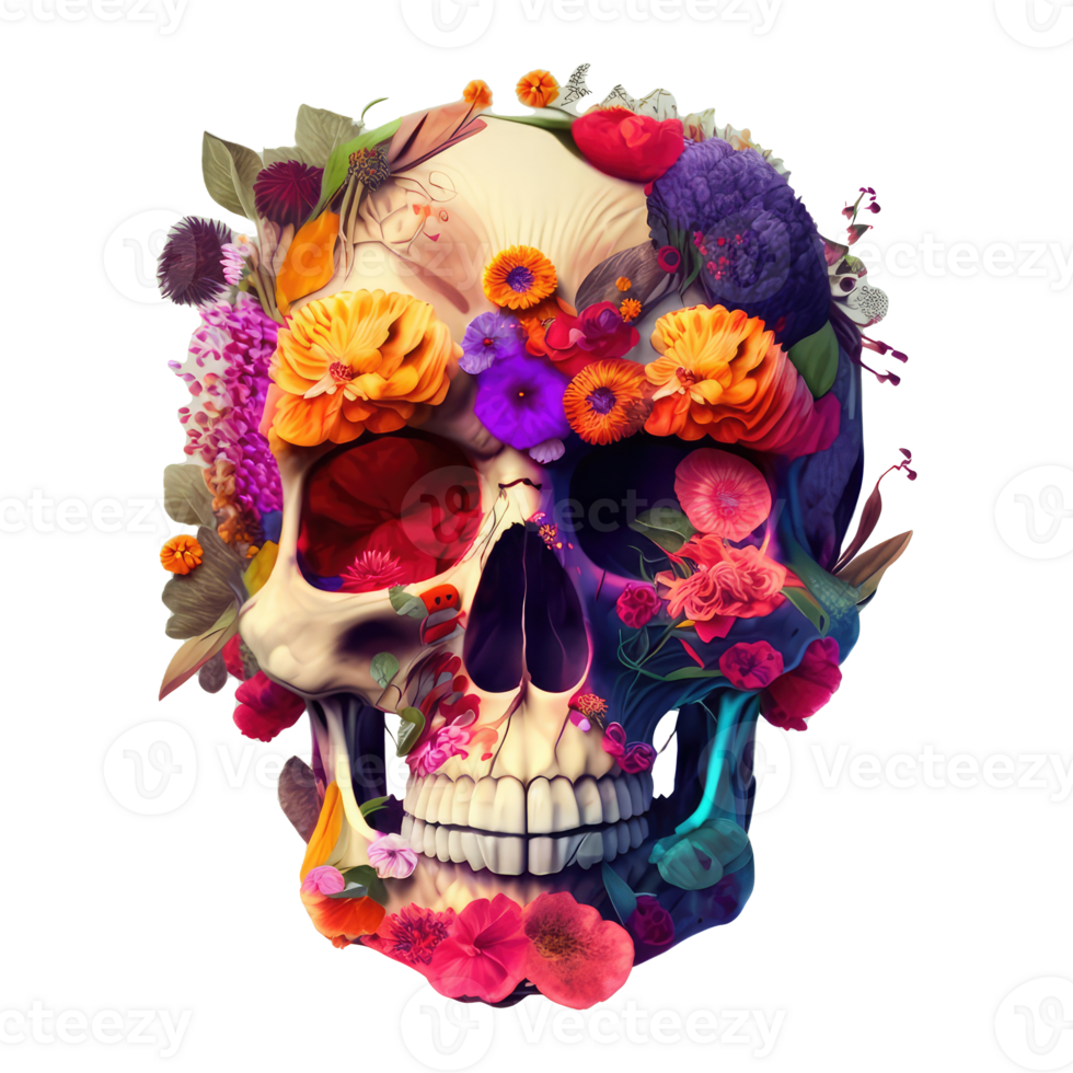 skull made of colorful vibrant flowers. png