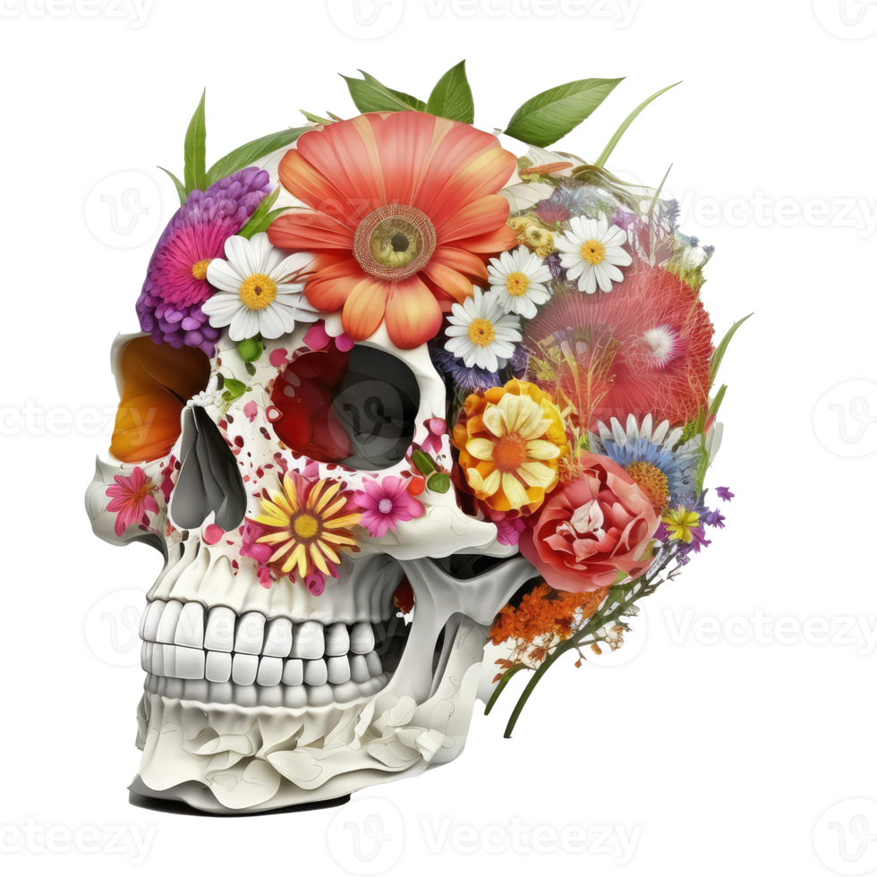 skull made of colorful vibrant flowers. png