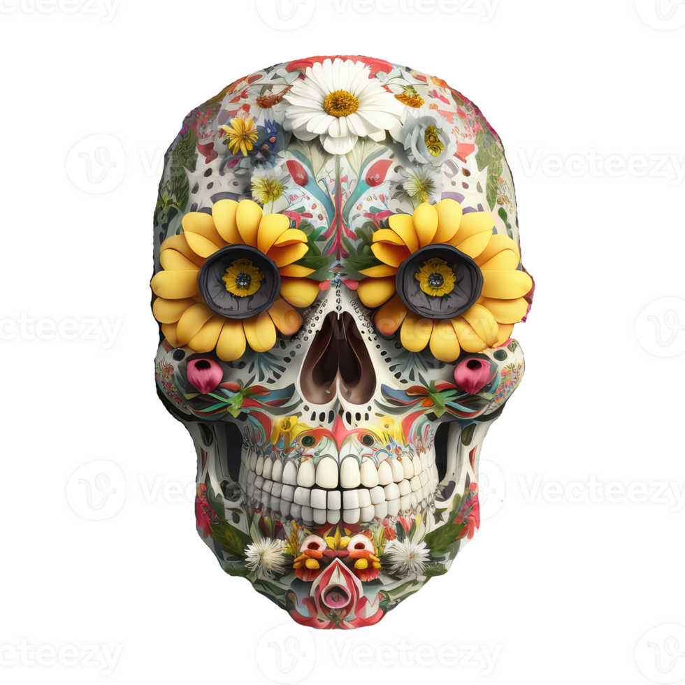 skull made of colorful vibrant flowers. png