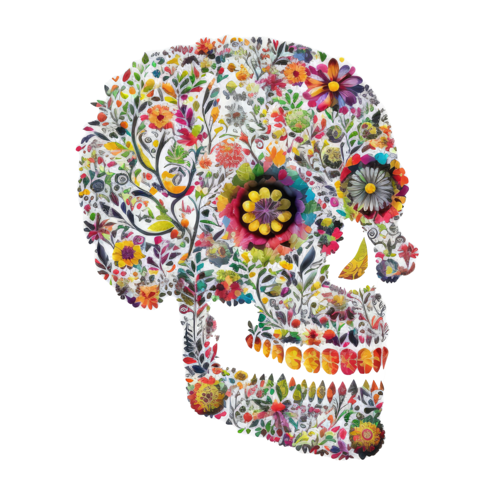 skull made of colorful vibrant flowers . png