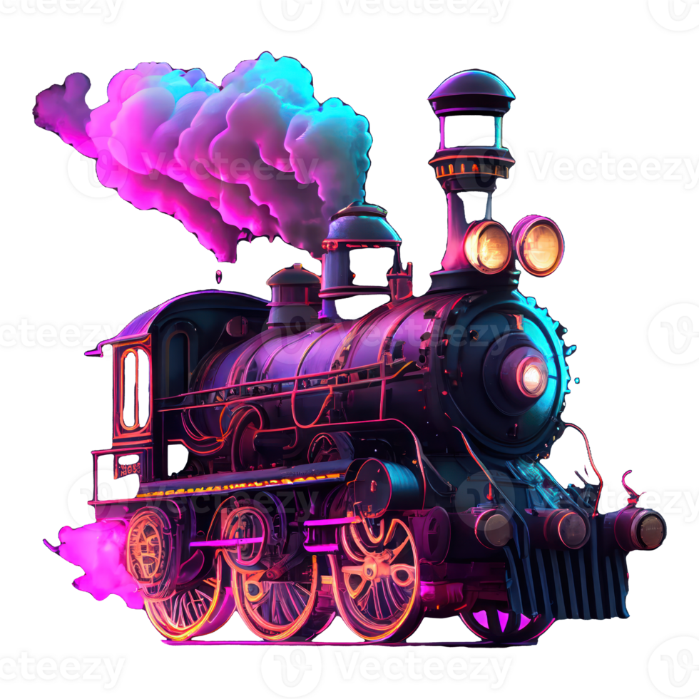 steam locomotive with neon smoke . png