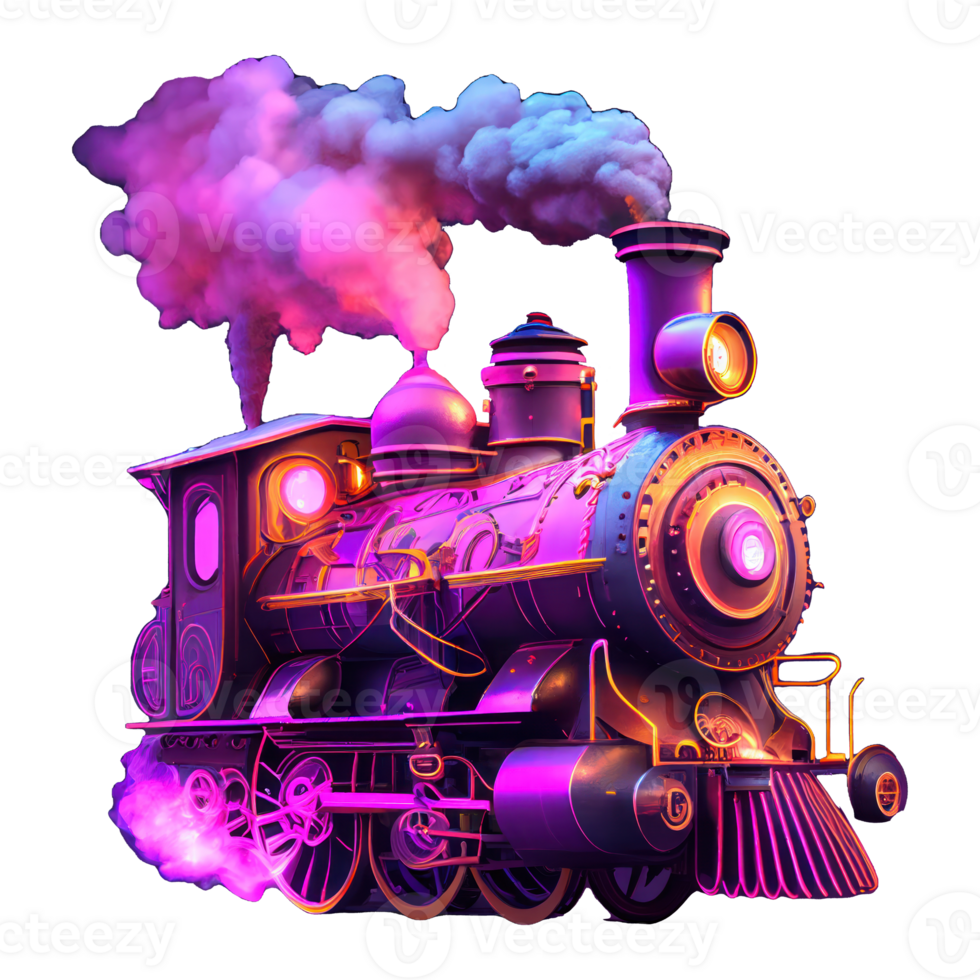 steam locomotive with neon smoke . png