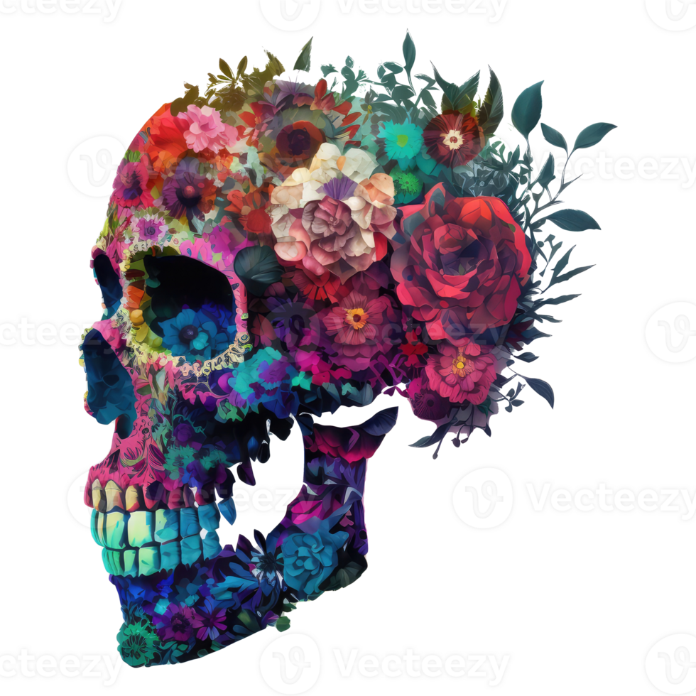 skull made of colorful vibrant flowers . png