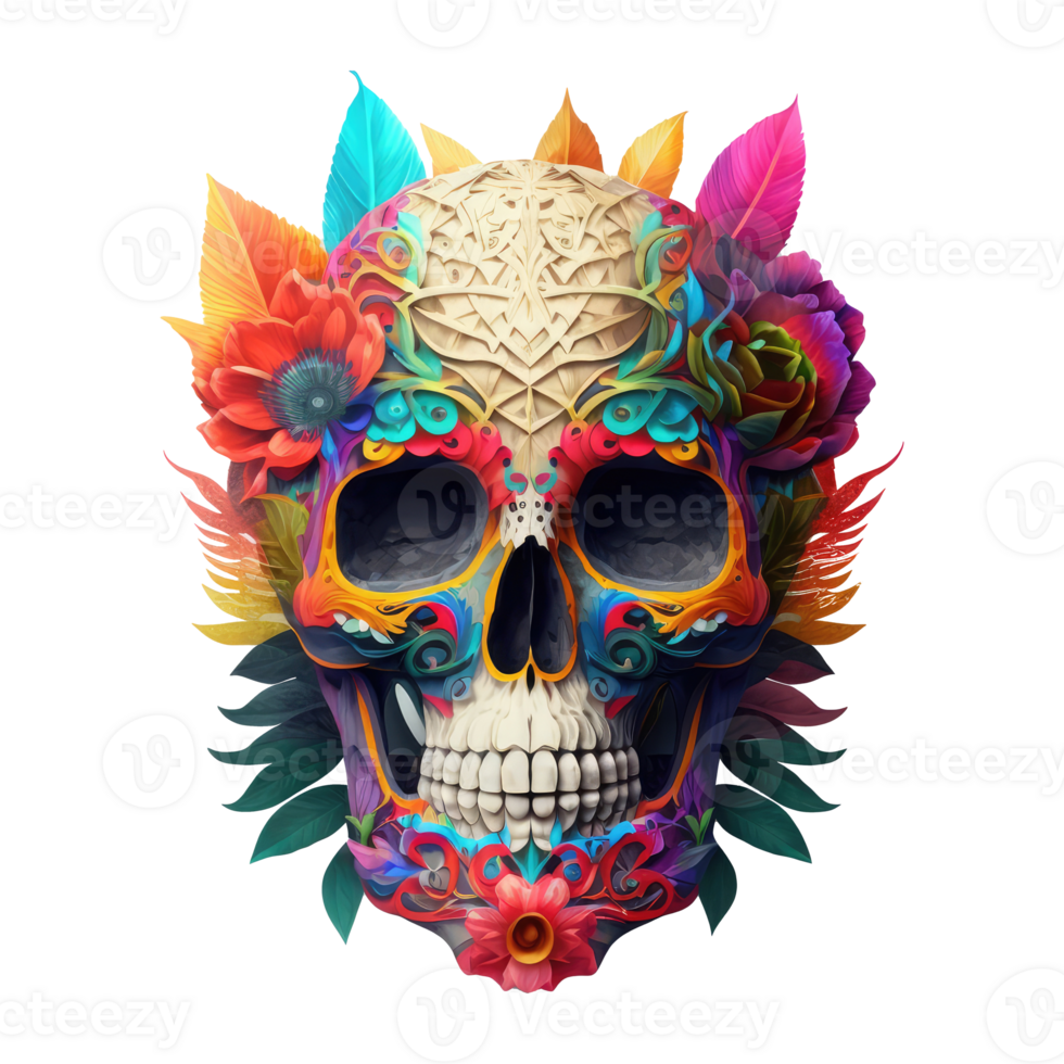 skull made of colorful vibrant flowers. png