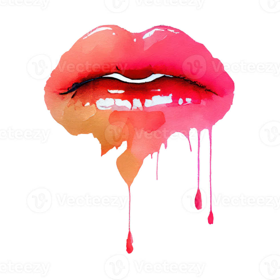 Pinky red lips with mouth slightly open and teeth visible with dripping color on the bottom . png